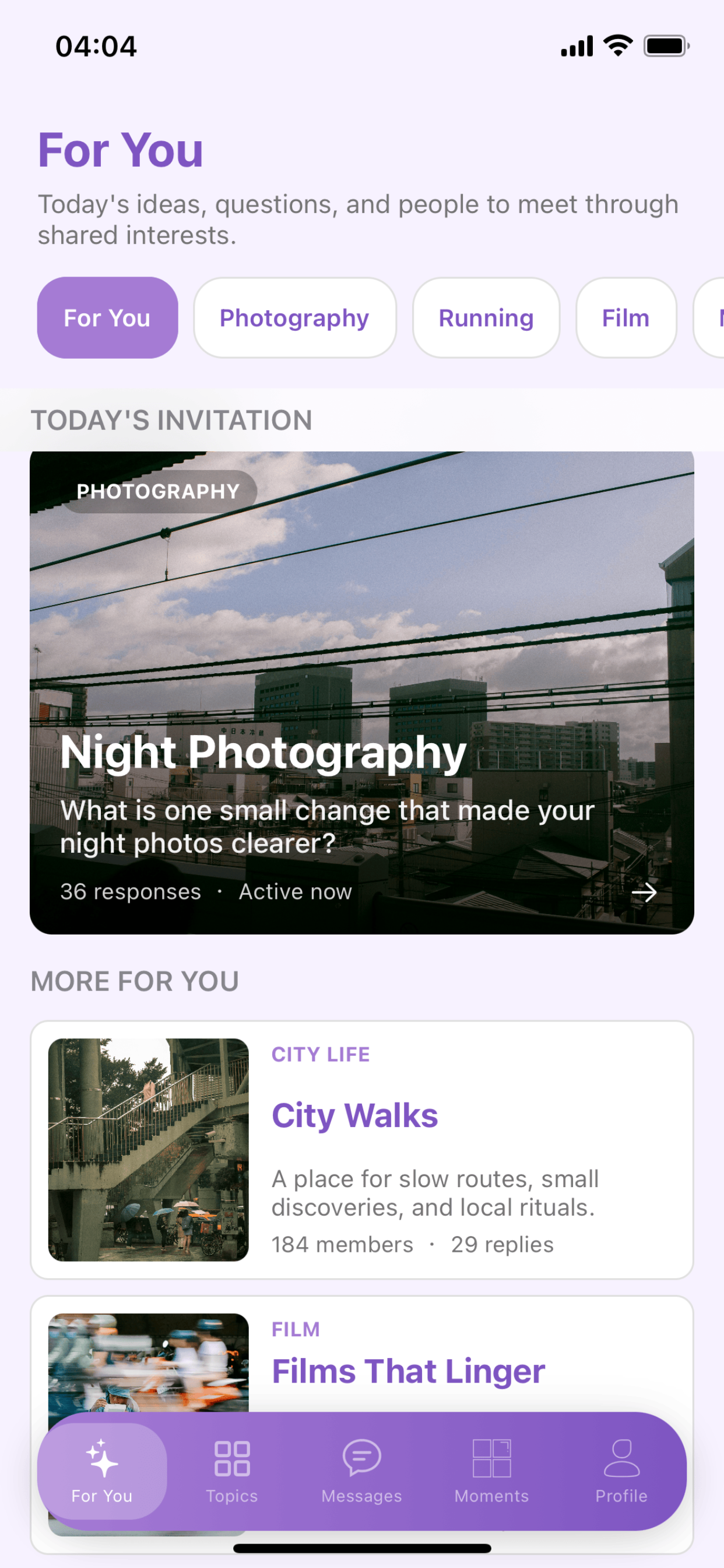 Glow For You screen with a featured photography invitation