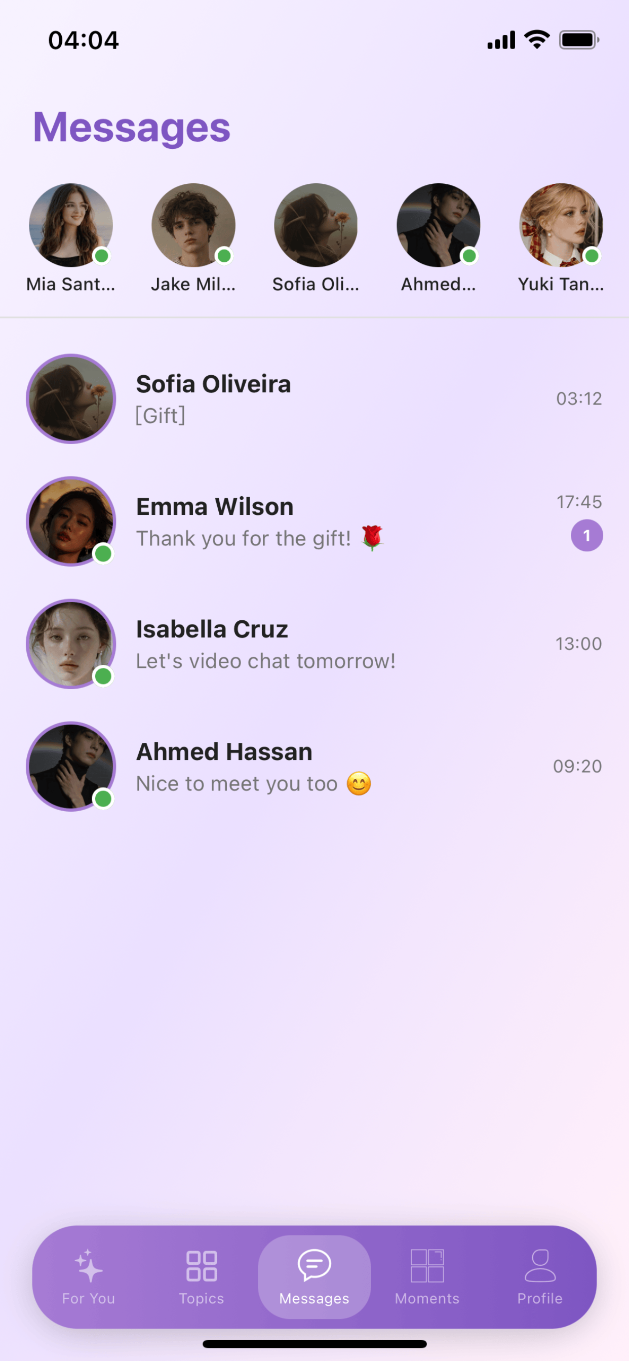 Glow Messages screen