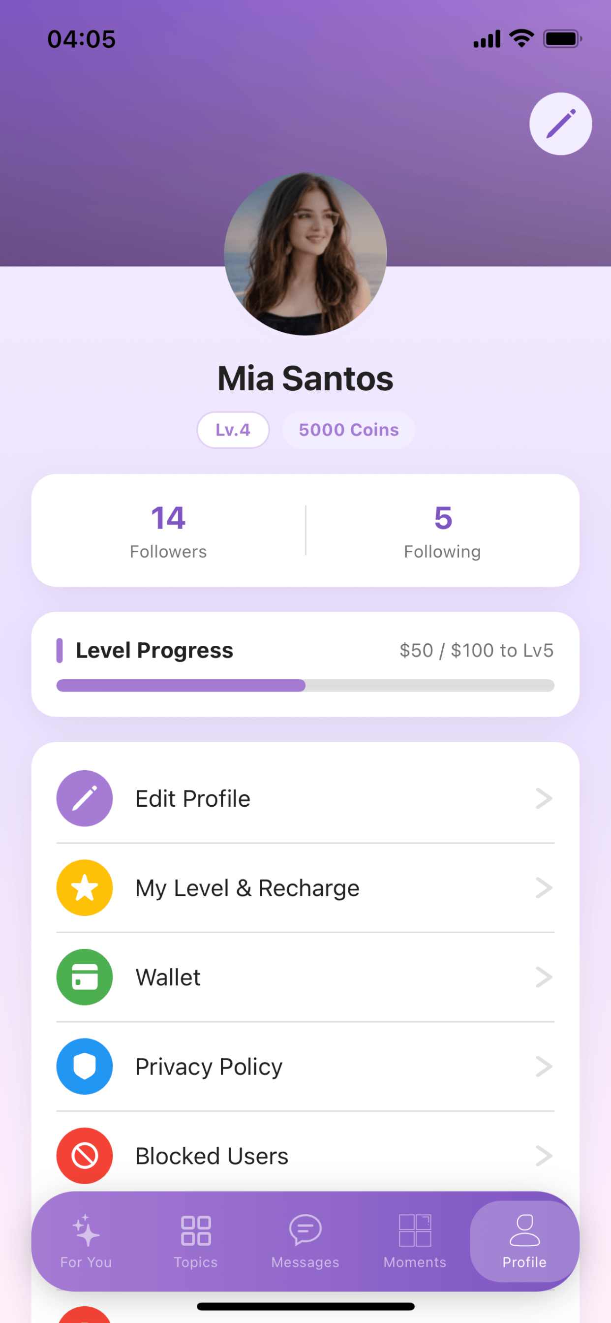 Glow profile screen with account settings and blocked users controls