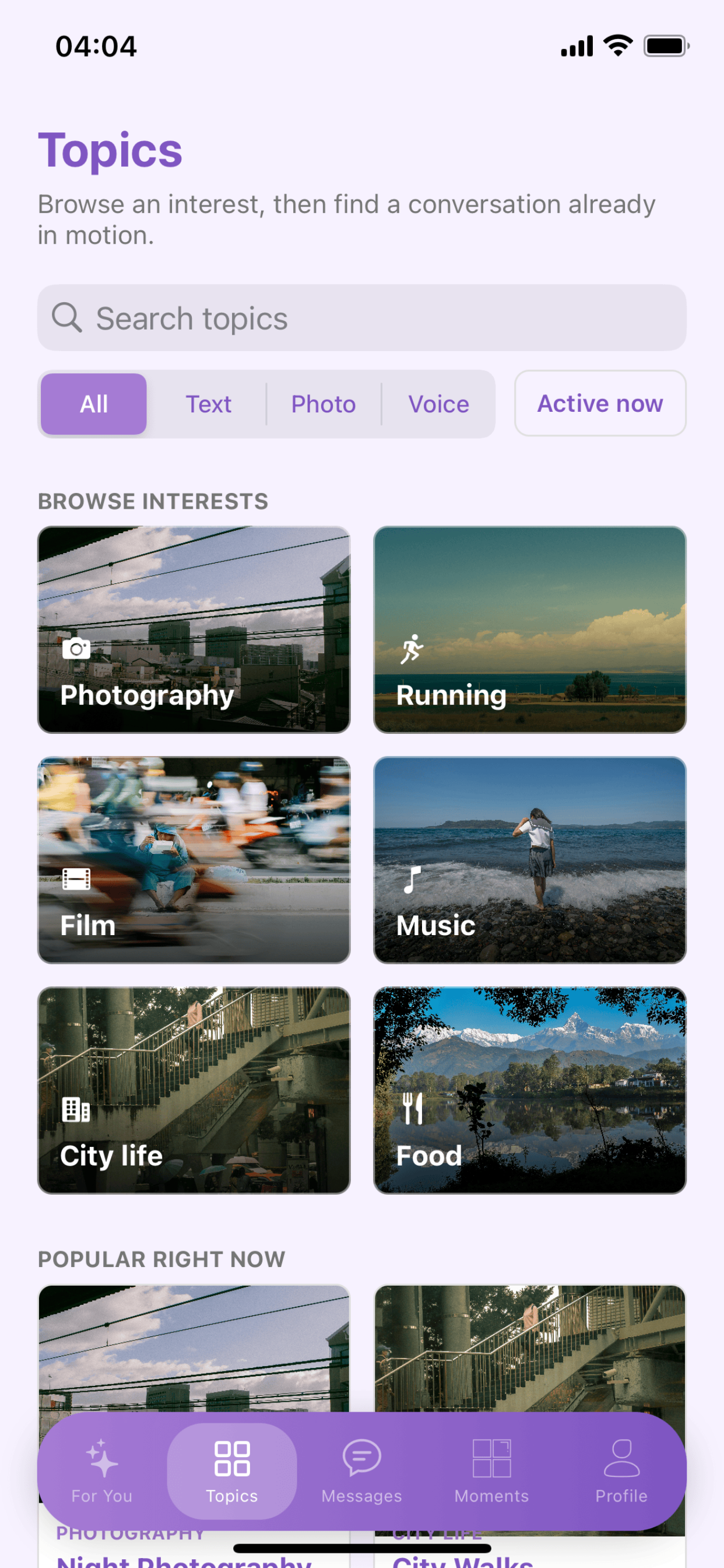 Glow Topics screen